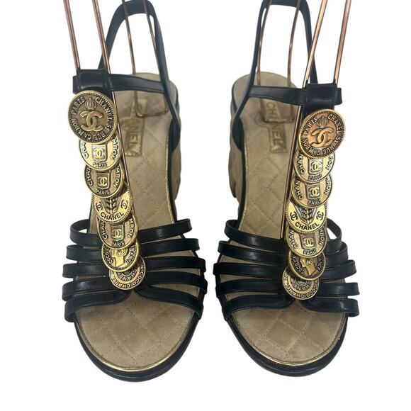 Chanel Coin Medallion Quilted Suede & Leather Heeled Wedge Sandals - Picture 9 of 16